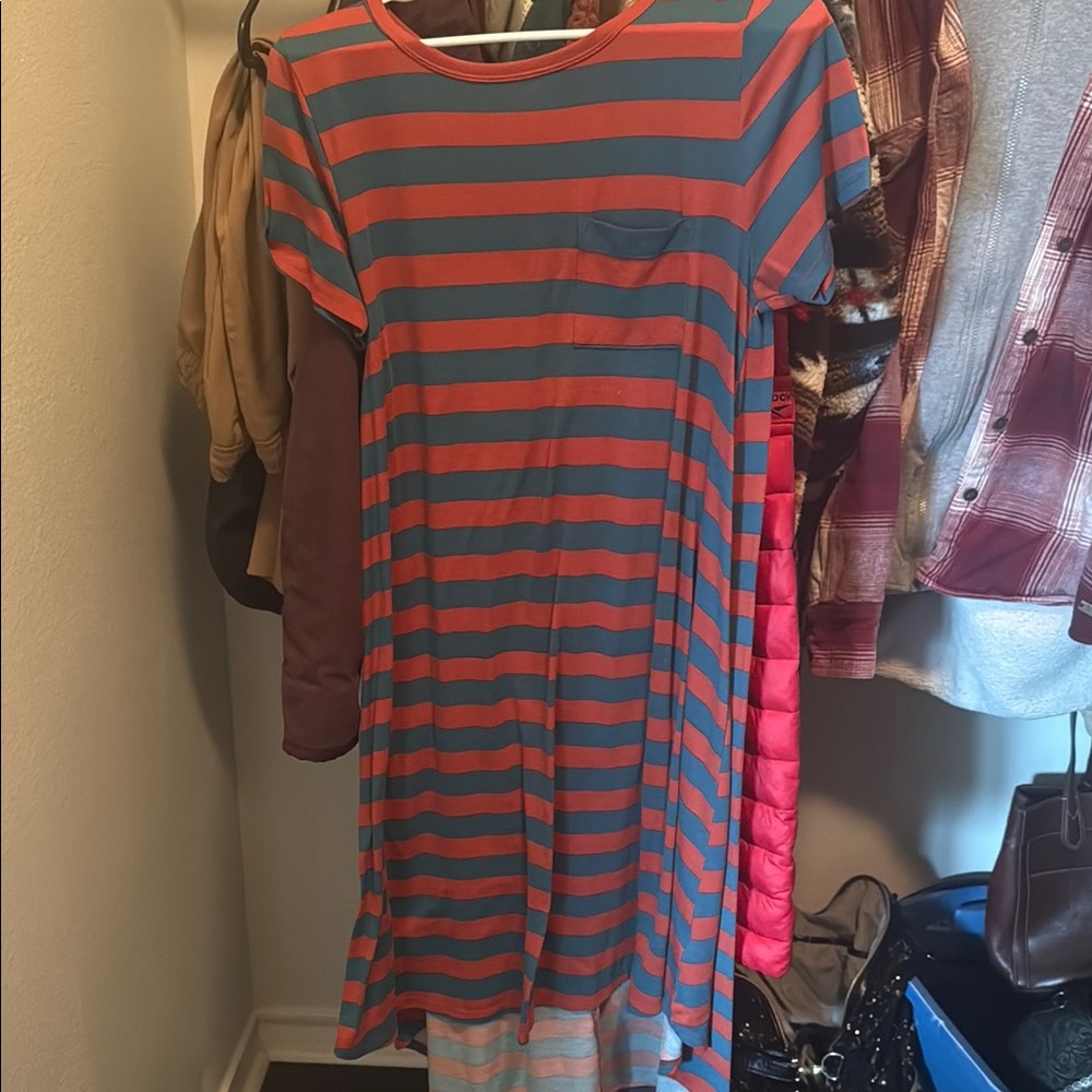 LuLaRoe Striped Midi Dress - Coral and Teal